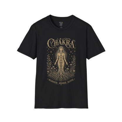 Chakra dark sacred yoga shirt in black — seven chakra woman and roots engraving design — Sacred Thread collection by Ramro Yoga Wear