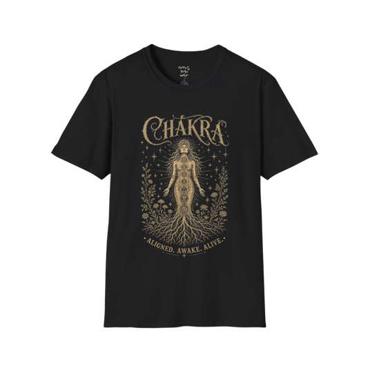 Chakra dark sacred yoga shirt in black — seven chakra woman and roots engraving design — Sacred Thread collection by Ramro Yoga Wear