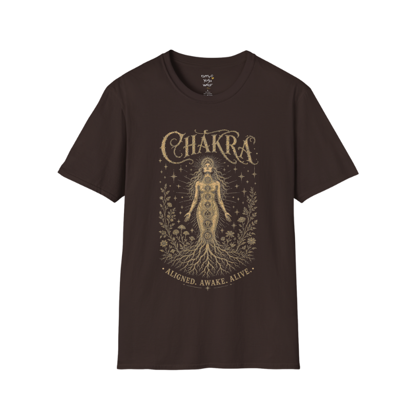 Chakra dark sacred yoga shirt in dark chocolate — seven chakra woman and roots engraving design — Sacred Thread collection by Ramro Yoga Wear