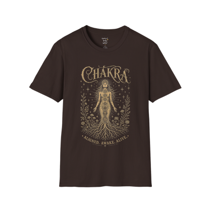 Chakra dark sacred yoga shirt in dark chocolate — seven chakra woman and roots engraving design — Sacred Thread collection by Ramro Yoga Wear