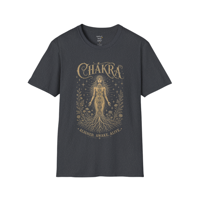 Chakra dark sacred yoga shirt in dark heather grey — seven chakra woman and roots engraving design — Sacred Thread collection by Ramro Yoga Wear