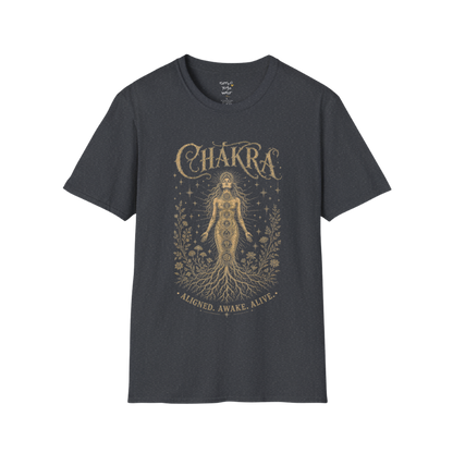 Chakra dark sacred yoga shirt in dark heather grey — seven chakra woman and roots engraving design — Sacred Thread collection by Ramro Yoga Wear