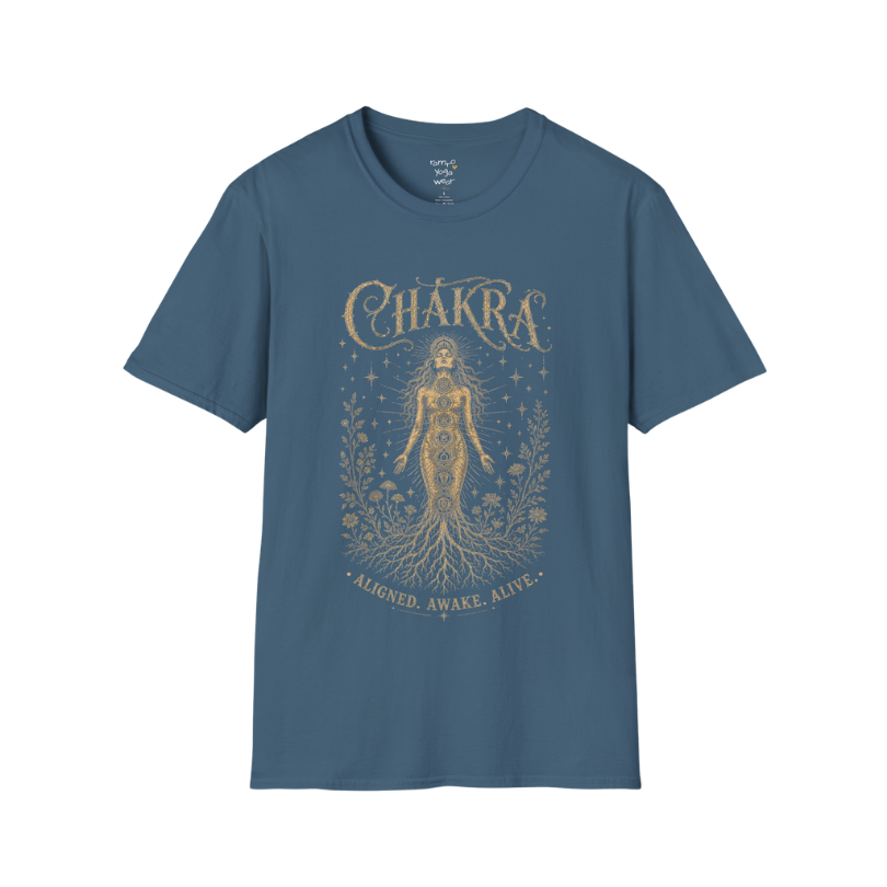 Chakra dark sacred yoga shirt in indigo blue — seven chakra woman and roots engraving design — Sacred Thread collection by Ramro Yoga Wear