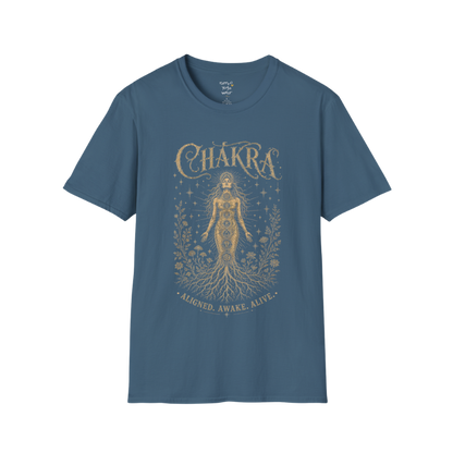 Chakra dark sacred yoga shirt in indigo blue — seven chakra woman and roots engraving design — Sacred Thread collection by Ramro Yoga Wear