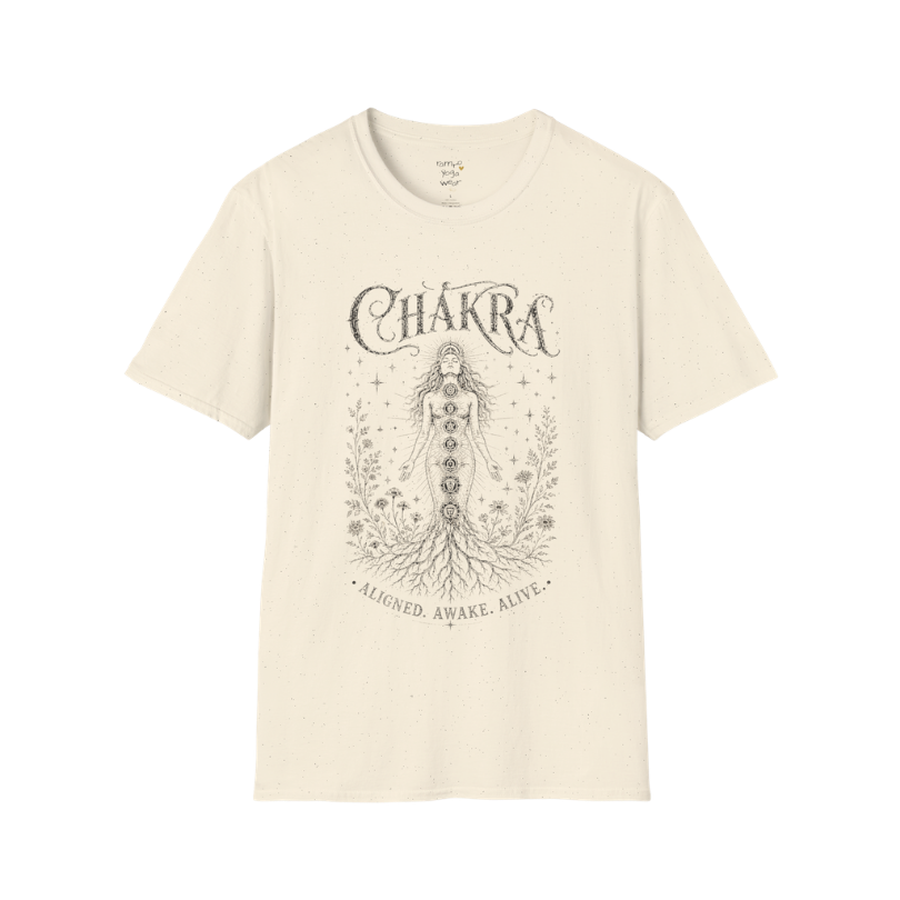 Chakra sacred yoga shirt in natural — seven chakra woman and roots engraving design — Sacred Thread collection by Ramro Yoga Wear