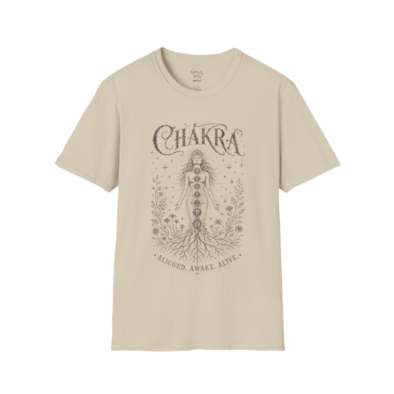 Chakra sacred yoga shirt in sand — seven chakra woman and roots engraving design — Sacred Thread collection by Ramro Yoga Wear