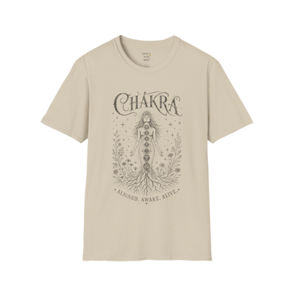 Chakra sacred yoga shirt in sand — seven chakra woman and roots engraving design — Sacred Thread collection by Ramro Yoga Wear