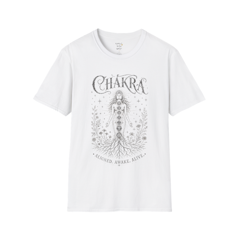 Chakra sacred yoga shirt in white — seven chakra woman and roots engraving design — Sacred Thread collection by Ramro Yoga Wear