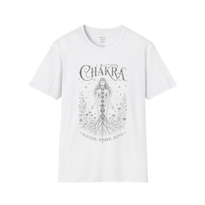 Chakra sacred yoga shirt in white — seven chakra woman and roots engraving design — Sacred Thread collection by Ramro Yoga Wear