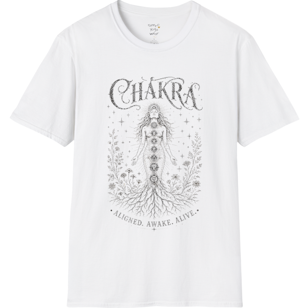 Chakra sacred yoga shirt in white — seven chakra woman and roots engraving design — Sacred Thread collection by Ramro Yoga Wear