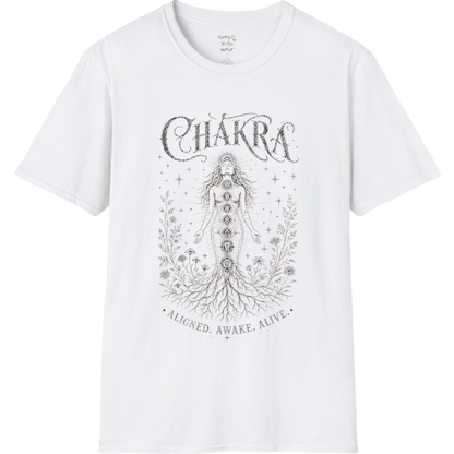 Chakra sacred yoga shirt in white — seven chakra woman and roots engraving design — Sacred Thread collection by Ramro Yoga Wear