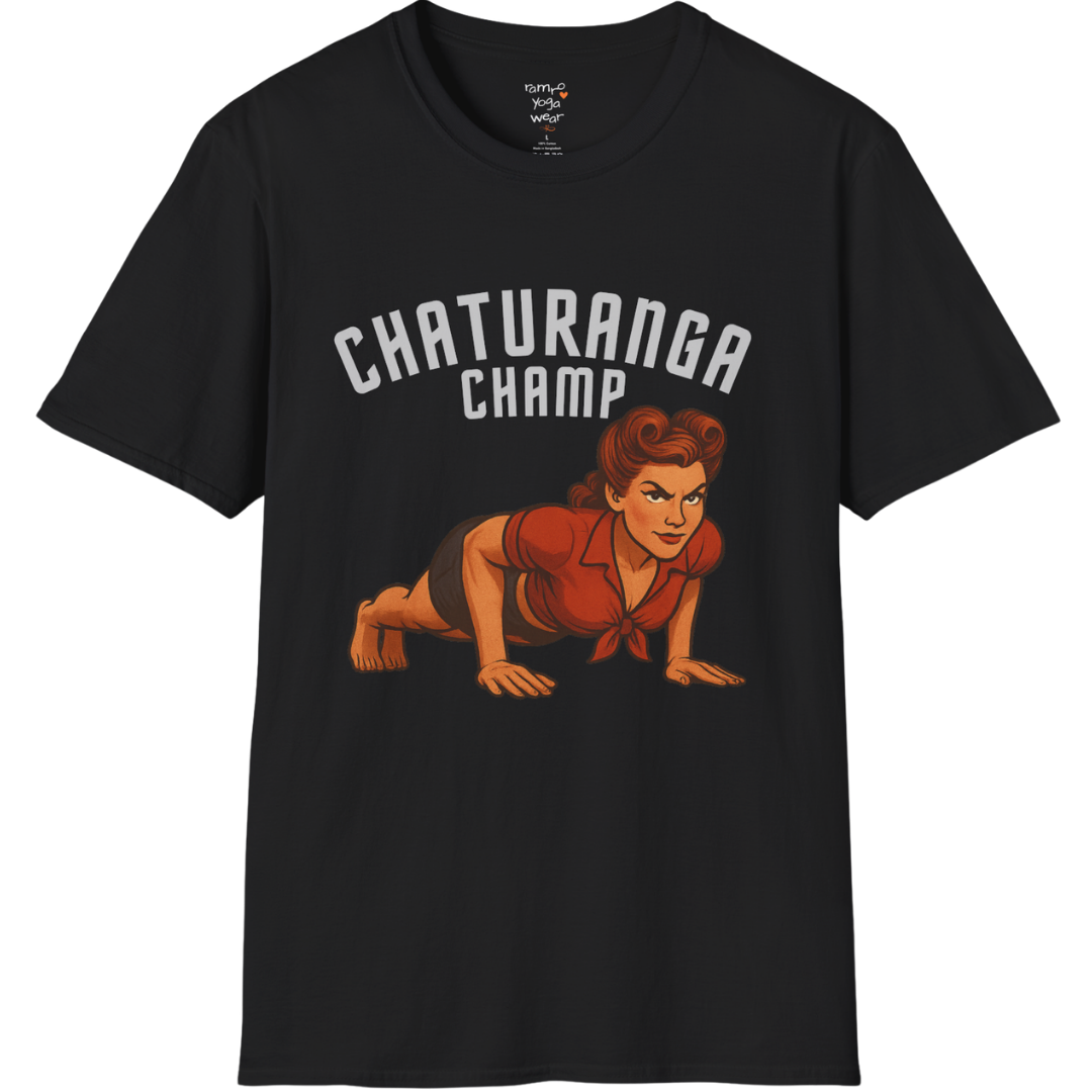 Vintage pin-up illustration of a woman in chaturanga pose with "Chaturanga Champ" typography on a Black tee — The Vault collection by Ramro Yoga Wear