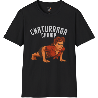 Vintage pin-up illustration of a woman in chaturanga pose with "Chaturanga Champ" typography on a Black tee — The Vault collection by Ramro Yoga Wear