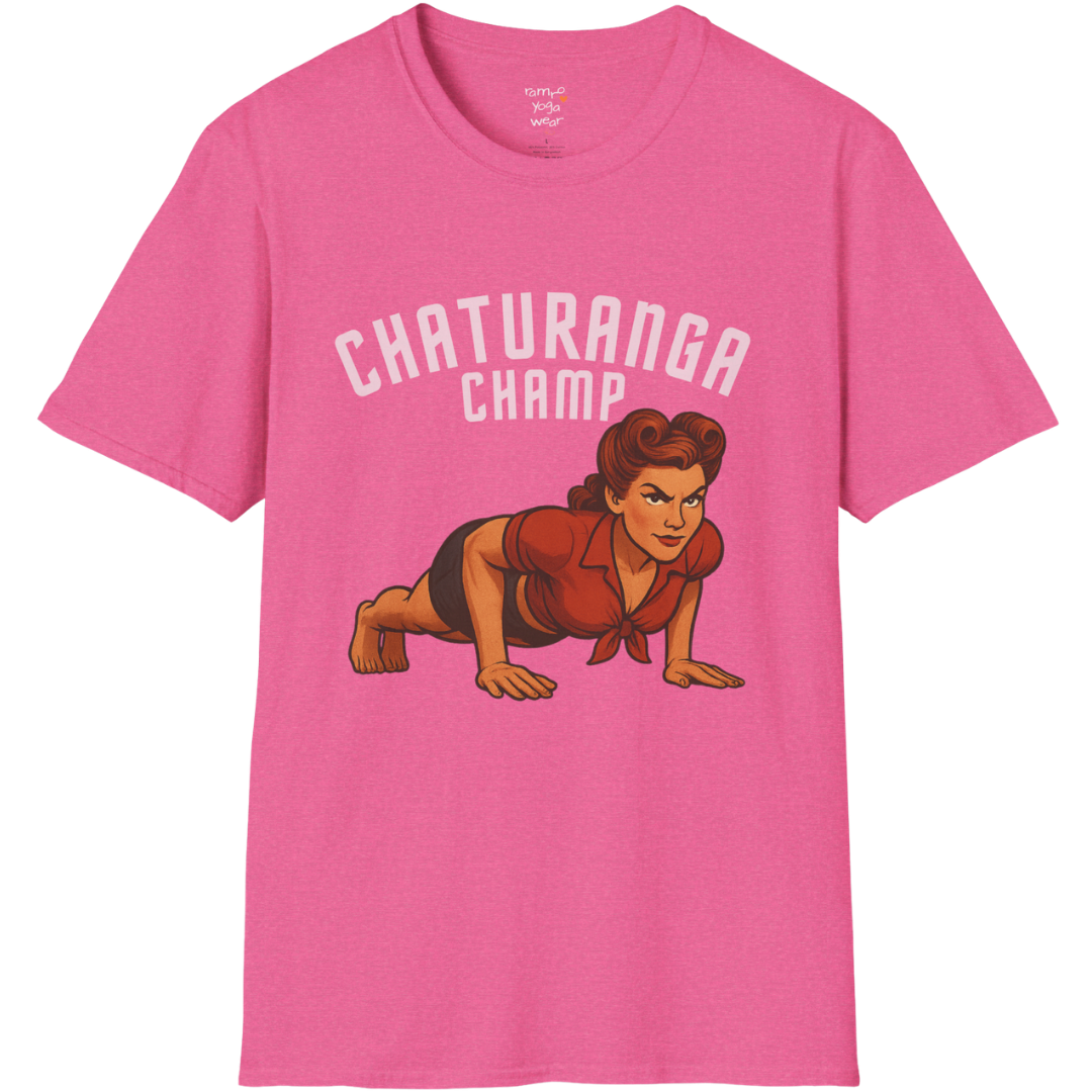 Vintage pin-up illustration of a woman in chaturanga pose with "Chaturanga Champ" typography on Heather Heliconia color  tee — The Vault collection by Ramro Yoga Wear
