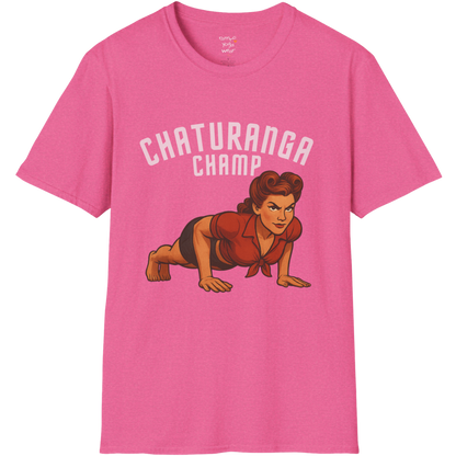 Vintage pin-up illustration of a woman in chaturanga pose with "Chaturanga Champ" typography on Heather Heliconia color  tee — The Vault collection by Ramro Yoga Wear
