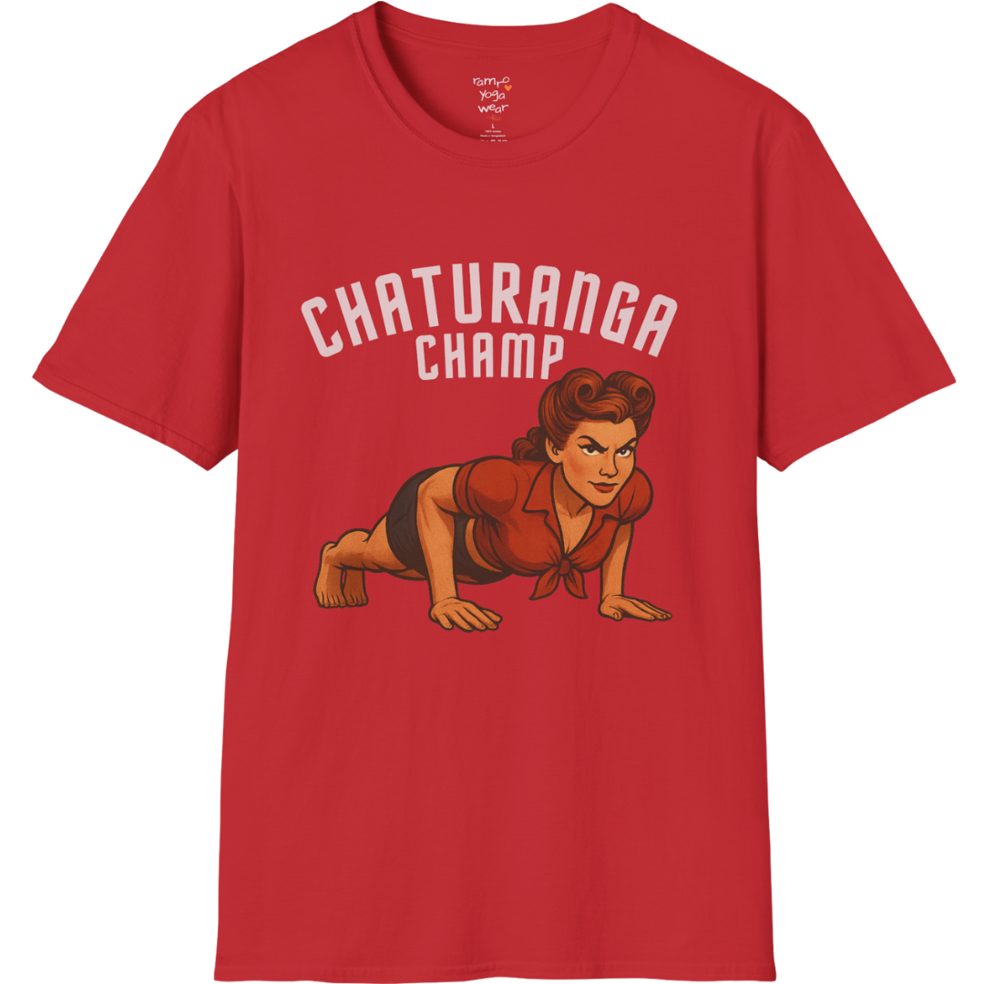 Vintage pin-up illustration of a woman in chaturanga pose with "Chaturanga Champ" typography on a Red tee — The Vault collection by Ramro Yoga Wear