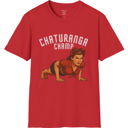 Vintage pin-up illustration of a woman in chaturanga pose with "Chaturanga Champ" typography on a Red tee — The Vault collection by Ramro Yoga Wear