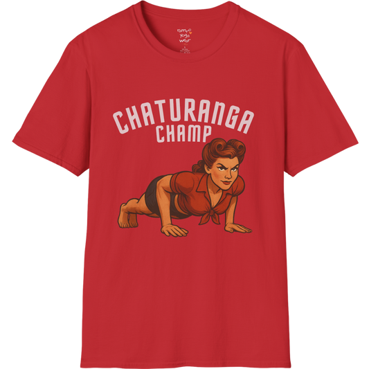 Vintage pin-up illustration of a woman in chaturanga pose with "Chaturanga Champ" typography on a Red tee — The Vault collection by Ramro Yoga Wear
