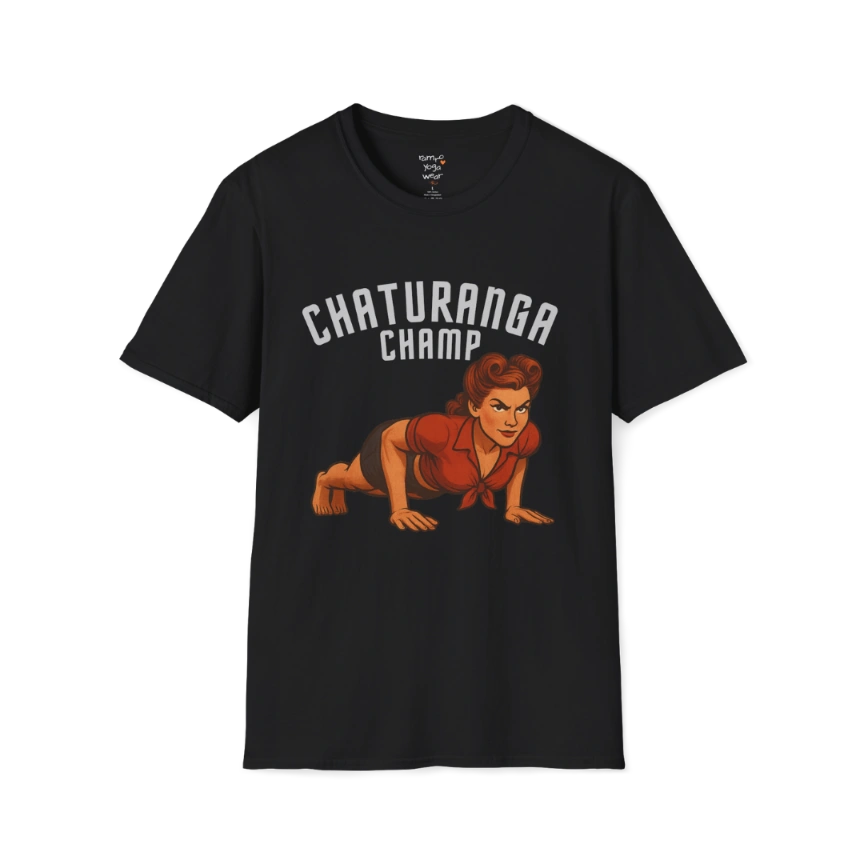 Vintage pin-up illustration of a woman in chaturanga pose with "Chaturanga Champ" typography on a Black tee — The Vault collection by Ramro Yoga Wear
