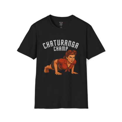 Vintage pin-up illustration of a woman in chaturanga pose with "Chaturanga Champ" typography on a Black tee — The Vault collection by Ramro Yoga Wear