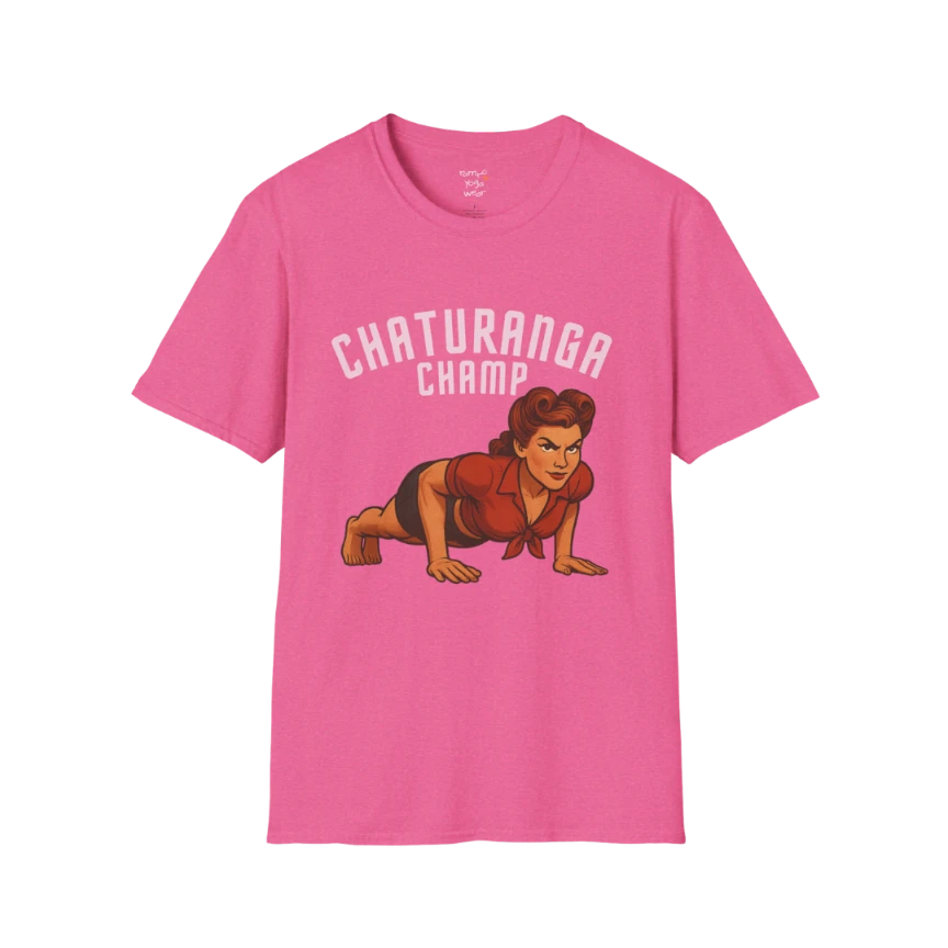 Vintage pin-up illustration of a woman in chaturanga pose with "Chaturanga Champ" typography on Heather Heliconia color  tee — The Vault collection by Ramro Yoga Wear