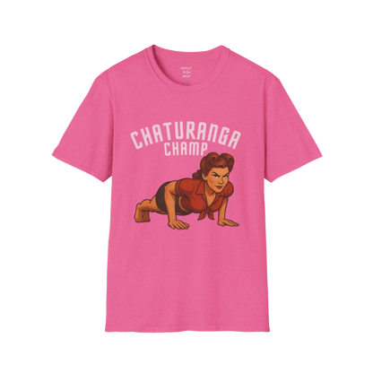 Vintage pin-up illustration of a woman in chaturanga pose with "Chaturanga Champ" typography on Heather Heliconia color  tee — The Vault collection by Ramro Yoga Wear