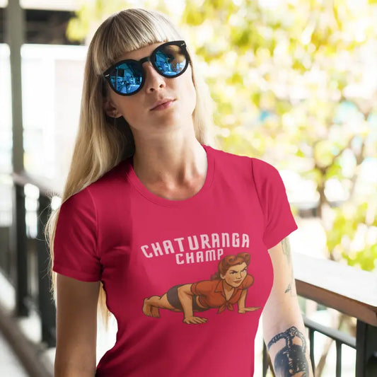 Woman wearing the Champ T-Shirt in Red outdoors with sunglasses — The Vault collection by Ramro Yoga Wear