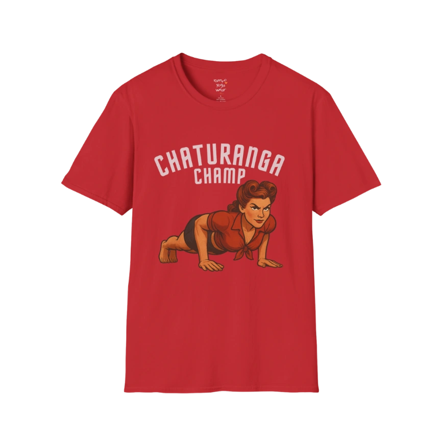Vintage pin-up illustration of a woman in chaturanga pose with "Chaturanga Champ" typography on a Red tee — The Vault collection by Ramro Yoga Wear