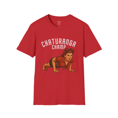 Vintage pin-up illustration of a woman in chaturanga pose with "Chaturanga Champ" typography on a Red tee — The Vault collection by Ramro Yoga Wear
