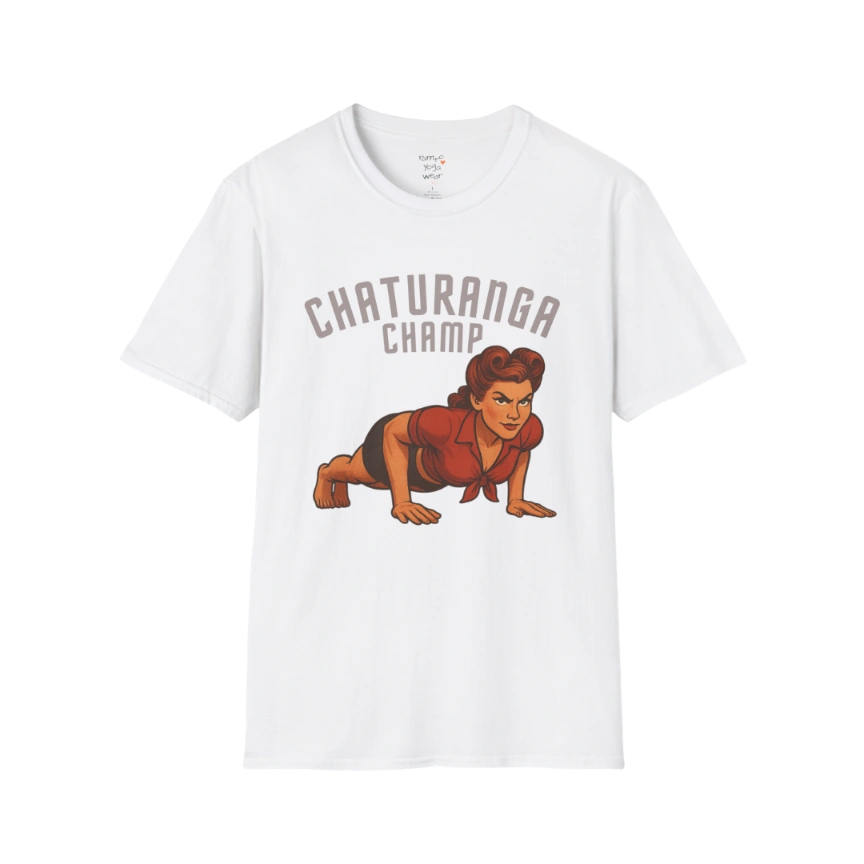 Vintage pin-up illustration of a woman in chaturanga pose with "Chaturanga Champ" typography on a White tee — The Vault collection by Ramro Yoga Wear