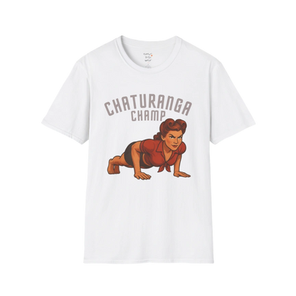 Vintage pin-up illustration of a woman in chaturanga pose with "Chaturanga Champ" typography on a White tee — The Vault collection by Ramro Yoga Wear