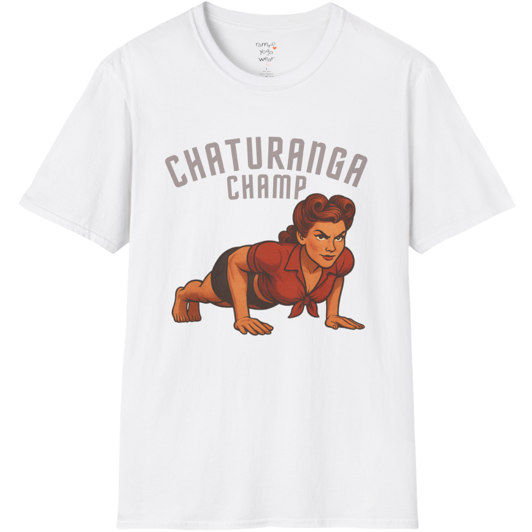 Vintage pin-up illustration of a woman in chaturanga pose with "Chaturanga Champ" typography on a White tee — The Vault collection by Ramro Yoga Wear
