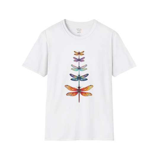 Change T-Shirt in White featuring colorful dragonfly artwork with clean minimalist spiritual style.