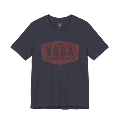 I DO YOGA SO I DON'T LOSE MY SH*T distressed badge tee — Funny Yoga Shirts collection by Ramro Yoga Wear — Heather Midnight Navy