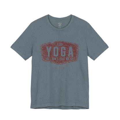 I DO YOGA SO I DON'T LOSE MY SH*T distressed badge tee — Funny Yoga Shirts collection by Ramro Yoga Wear — Heather Slate
