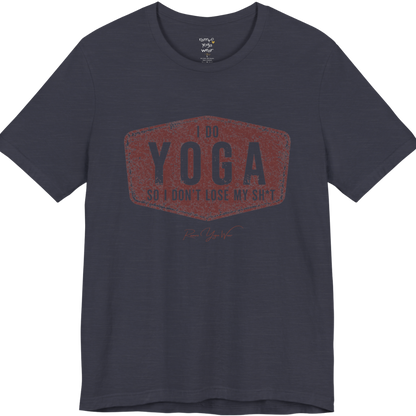 I DO YOGA SO I DON'T LOSE MY SH*T distressed badge tee — Funny Yoga Shirts collection by Ramro Yoga Wear — Heather Midnight Navy color