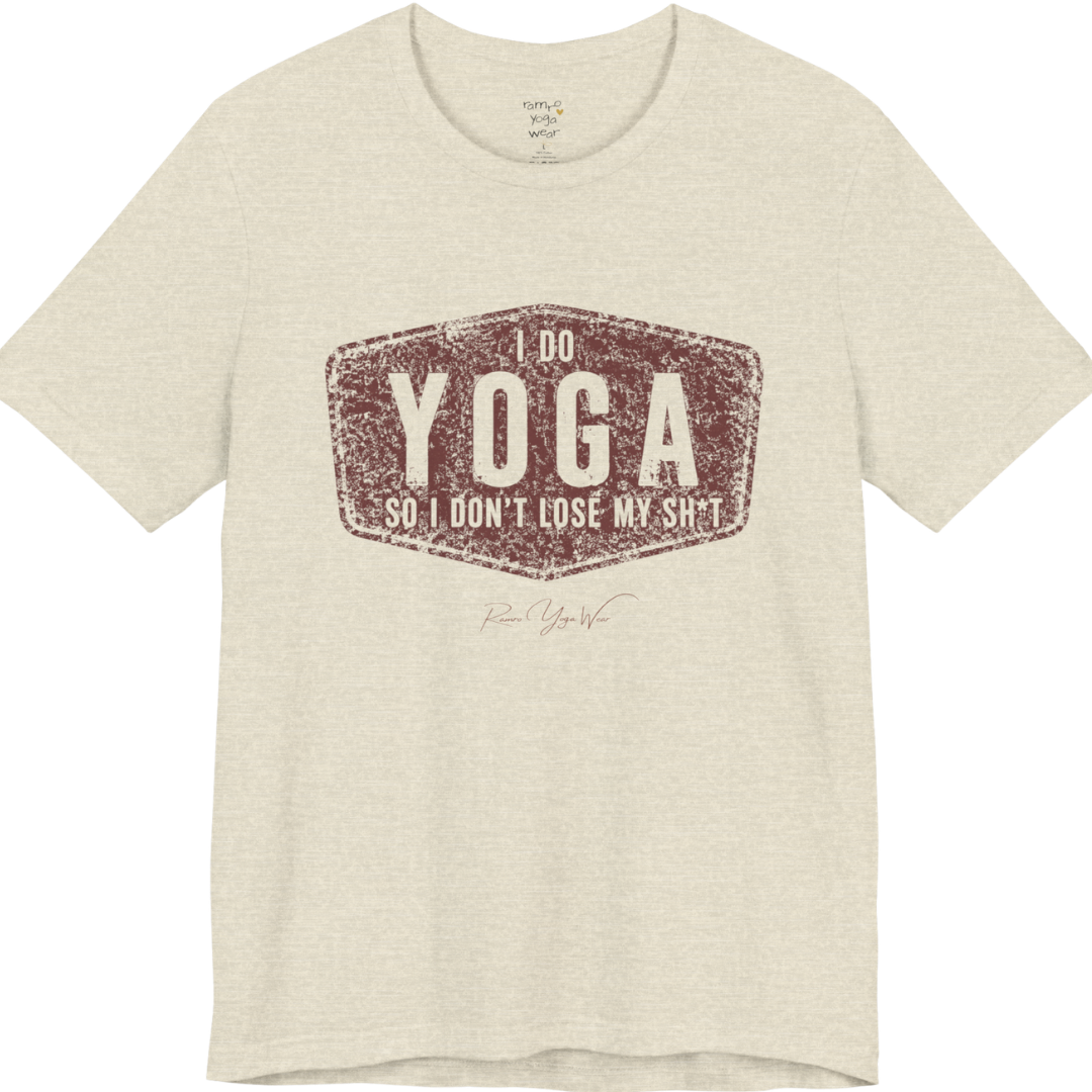 I DO YOGA SO I DON'T LOSE MY SH*T distressed badge tee — Funny Yoga Shirts collection by Ramro Yoga Wear — Heather Prism Natural color