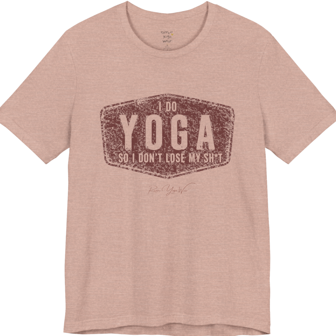 I DO YOGA SO I DON'T LOSE MY SH*T distressed badge tee — Funny Yoga Shirts collection by Ramro Yoga Wear — Heather Prism Peach color