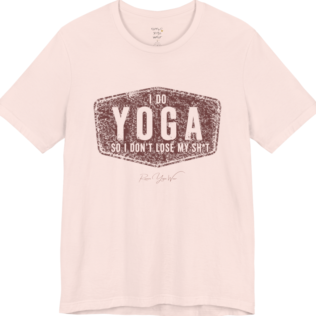 I DO YOGA SO I DON'T LOSE MY SH*T distressed badge tee — Funny Yoga Shirts collection by Ramro Yoga Wear — Soft Pink