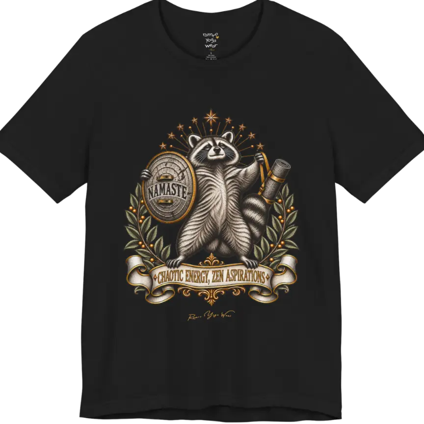 Illustrated raccoon crest holding a shield stamped "Namaste" and a rolled yoga mat, framed by stars and botanical laurel branches. Chaotic Zen T-Shirt flat lay is a Bella+Canvas 3001 and the color in Black.