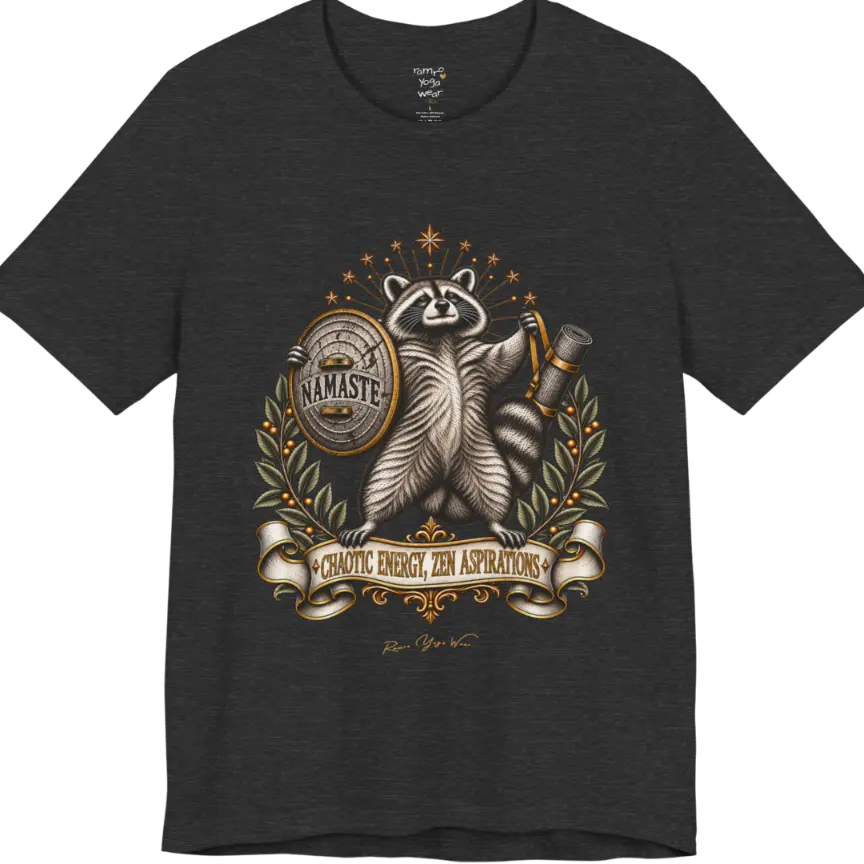 Illustrated raccoon crest holding a shield stamped "Namaste" and a rolled yoga mat, framed by stars and botanical laurel branches. Chaotic Zen T-Shirt flat lay is a Bella+Canvas 3001 and the color in Dark Grey Heather.
