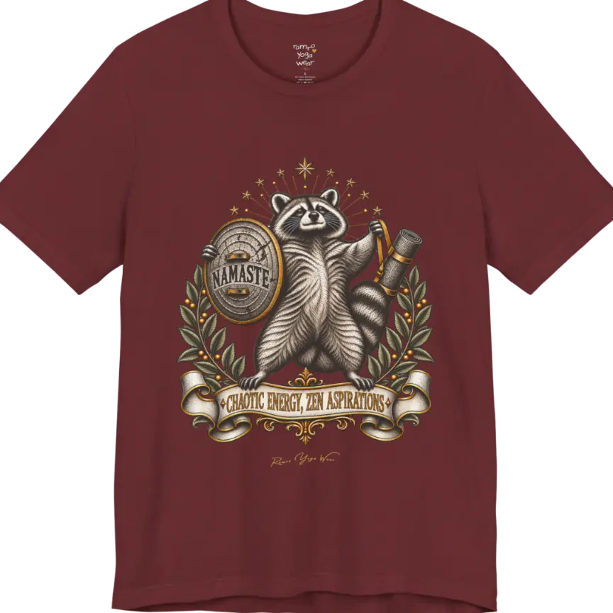 Illustrated raccoon crest holding a shield stamped "Namaste" and a rolled yoga mat, framed by stars and botanical laurel branches. Chaotic Zen T-Shirt flat lay is a Bella+Canvas 3001 and the color in Heather Cardinal.
