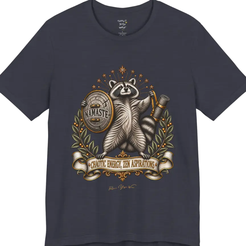 Illustrated raccoon crest holding a shield stamped "Namaste" and a rolled yoga mat, framed by stars and botanical laurel branches. Chaotic Zen T-Shirt flat lay is a Bella+Canvas 3001 and the color in Heather Midnight Navy.