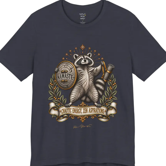 Illustrated raccoon crest holding a shield stamped "Namaste" and a rolled yoga mat, framed by stars and botanical laurel branches. Chaotic Zen T-Shirt flat lay is a Bella+Canvas 3001 and the color in Heather Midnight Navy.