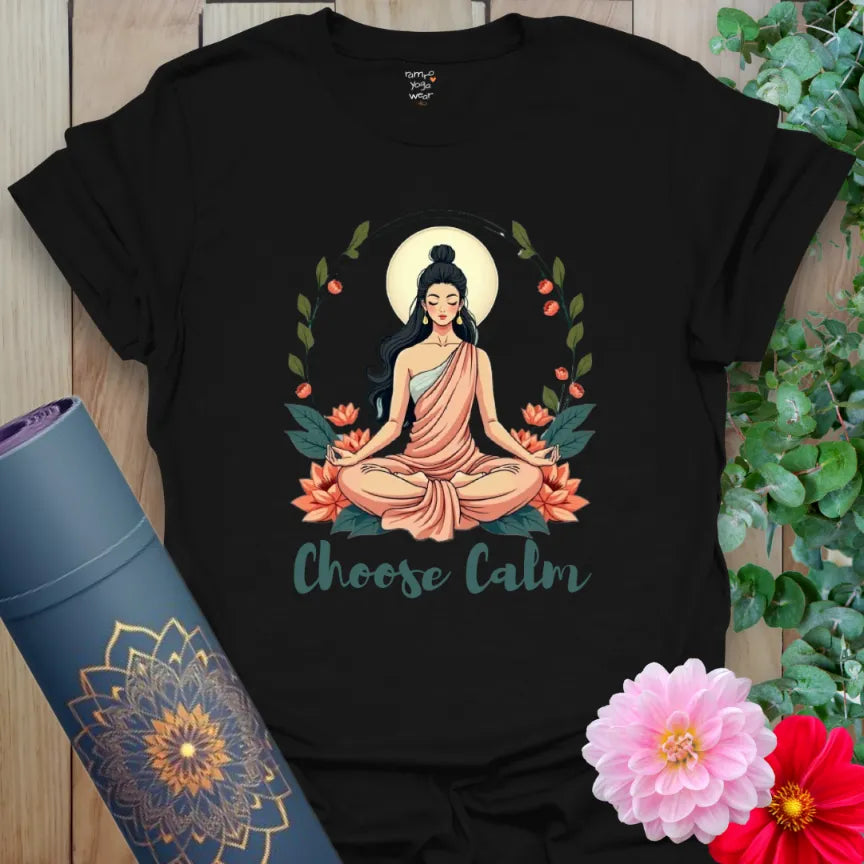 Designed with love by Ramro is our Black Choose Calm T-Shirt with a meditating woman surrounded by lotus flowers and soft greenery.