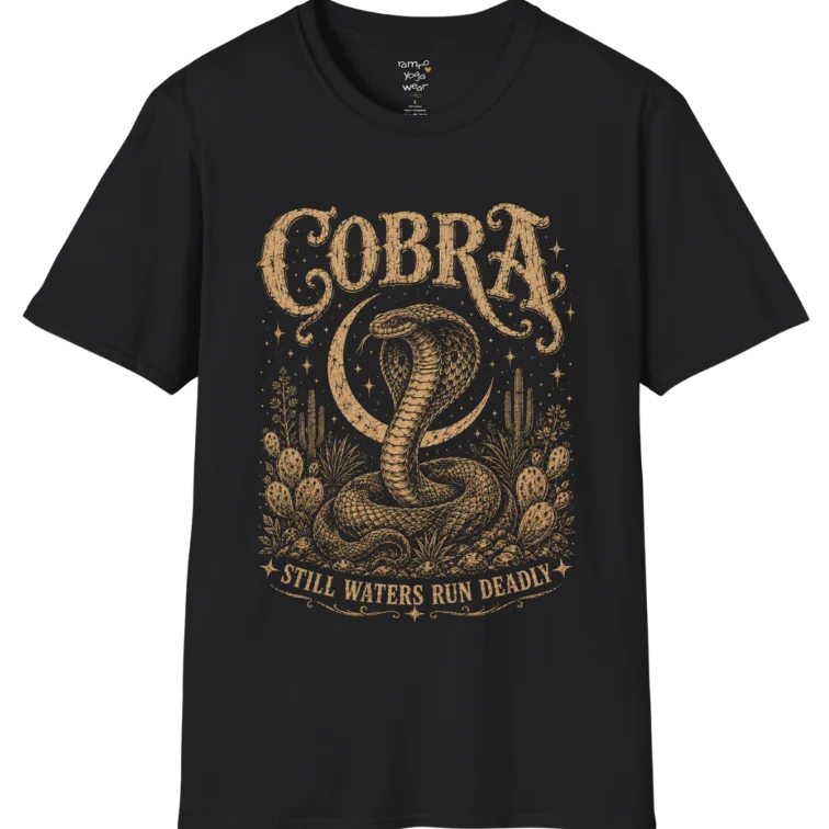 A grunge tee with an illustrated cobra design, hood flared, botanical linework framing the scene, text reading "Cobra" and "Still Waters Run Deadly" — Wild Animals collection by Ramro Yoga Wear in Black.