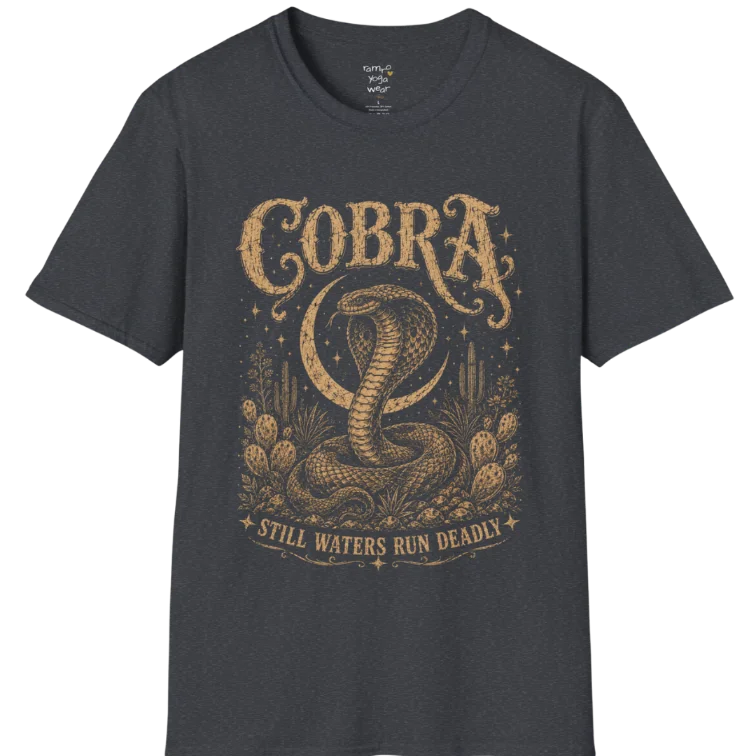 A grunge tee with an illustrated cobra design, hood flared, botanical linework framing the scene, text reading "Cobra" and "Still Waters Run Deadly" — Wild Animals collection by Ramro Yoga Wear in Dark Heather Grey.