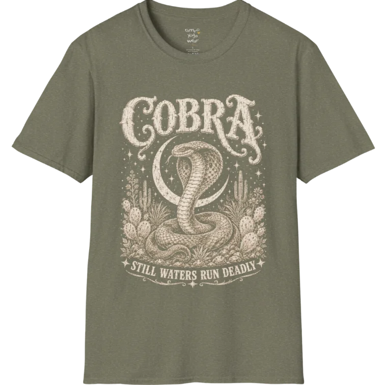 A grunge tee with an illustrated cobra design, hood flared, botanical linework framing the scene, text reading "Cobra" and "Still Waters Run Deadly" — Wild Animals collection by Ramro Yoga Wear in Heather Military Green.
