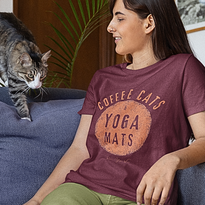 Woman wearing Coffee Cats and Yoga Mats Heather Cardinal funny yoga shirt with cat — Funny Yoga Shirts collection by Ramro Yoga Wear