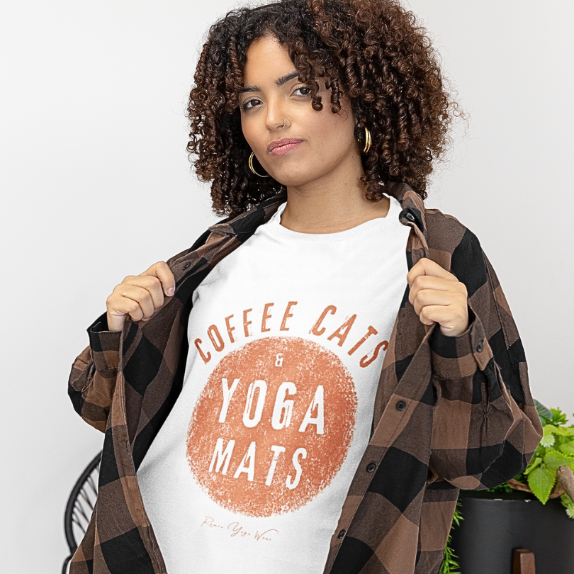 Woman wearing Coffee Cats and Yoga Mats White funny yoga shirt with flannel — Funny Yoga Shirts collection by Ramro Yoga Wear